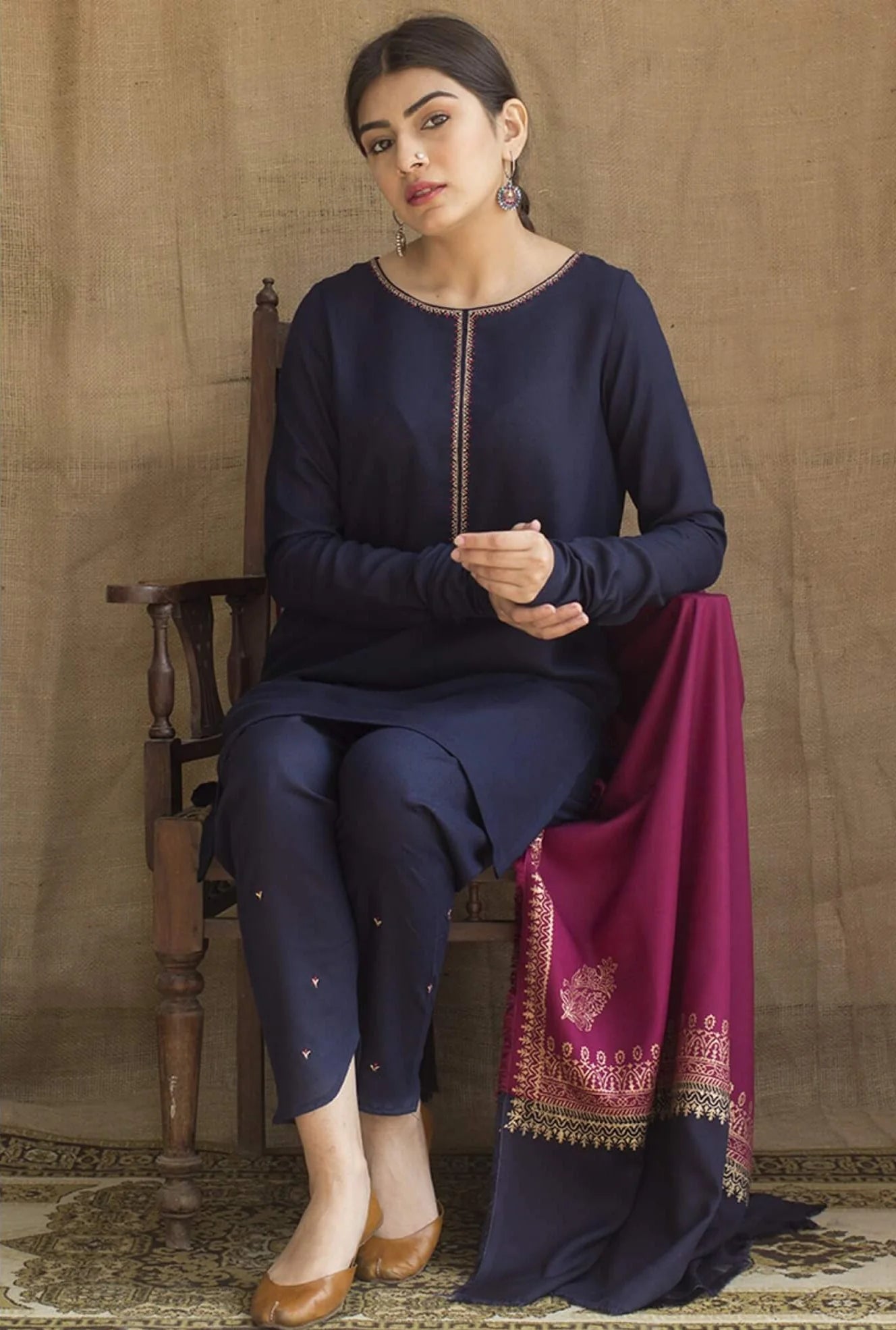 3 Piece Unstitched Heavy Embroidered Dhanak Suit ( Printed Woolen Shwal )