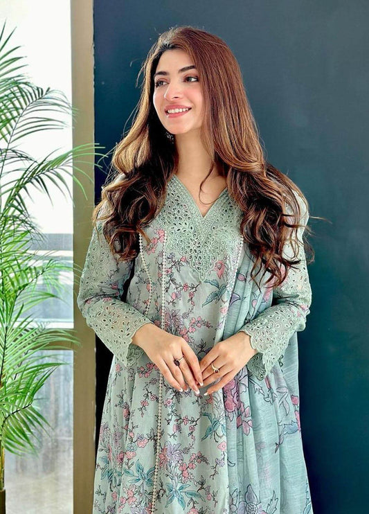 3 Piece Unstitched Embroidered Lawn Suit ( Fine Printed Silk Dupatta )