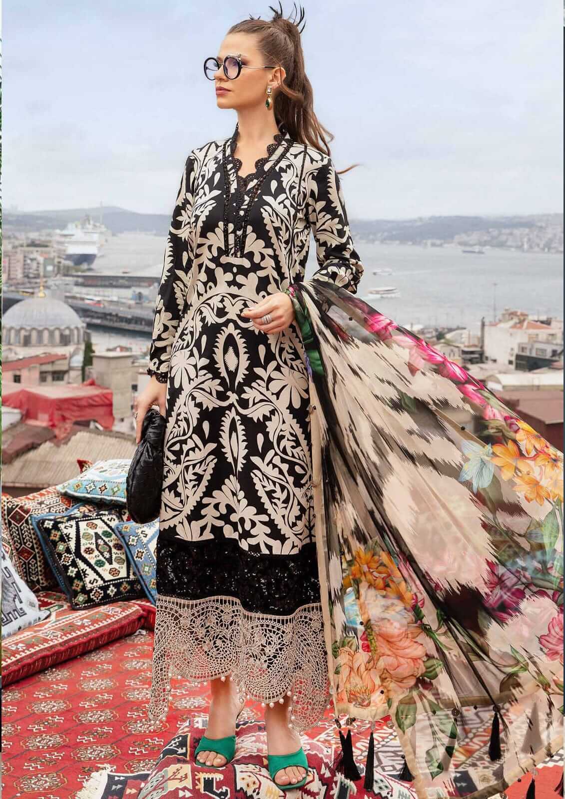 3 Piece Unstitched Embroidered Lawn Suit ( Fine Printed Silk Dupatta )