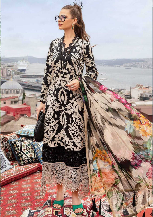 3 Piece Unstitched Embroidered Lawn Suit ( Fine Printed Silk Dupatta )