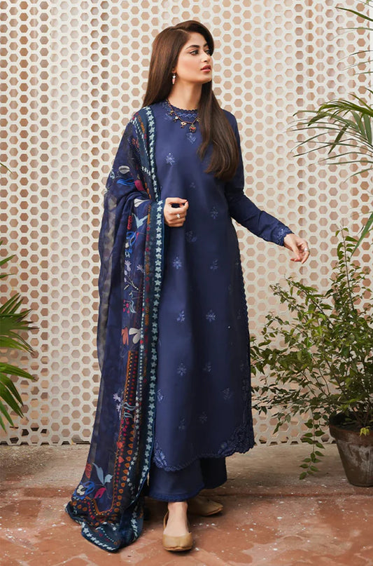 SERAN - 3PC DHANAK EMBROIDERED SHIRT WITH TWILL PRINTED SHAWL AND TROUSER -