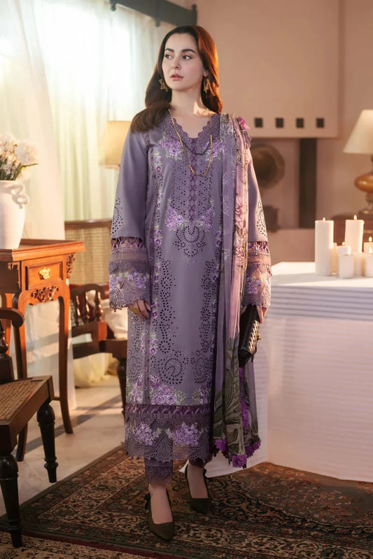 JADE - 3PC DHANAK CHIKANKAARI EMBROIDERED SHIRT WITH TWILL PRINTED SHAWL AND TROUSER