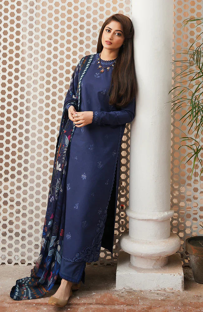 SERAN - 3PC DHANAK EMBROIDERED SHIRT WITH TWILL PRINTED SHAWL AND TROUSER -