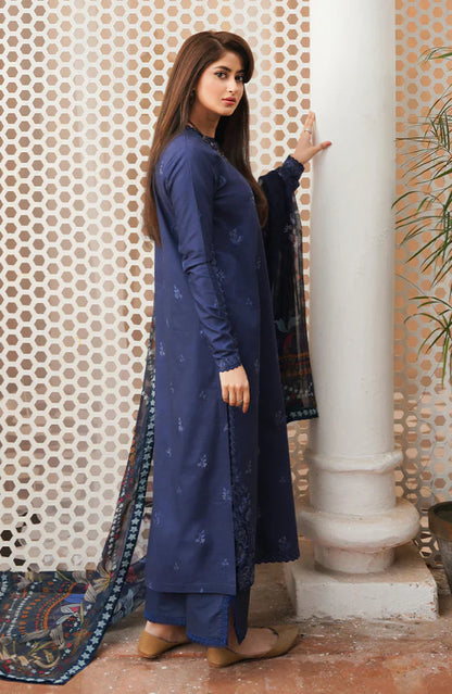 SERAN - 3PC DHANAK EMBROIDERED SHIRT WITH TWILL PRINTED SHAWL AND TROUSER -