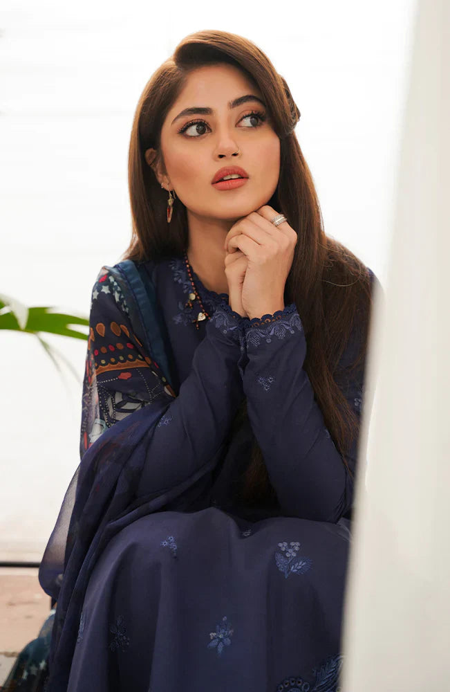 SERAN - 3PC DHANAK EMBROIDERED SHIRT WITH TWILL PRINTED SHAWL AND TROUSER -