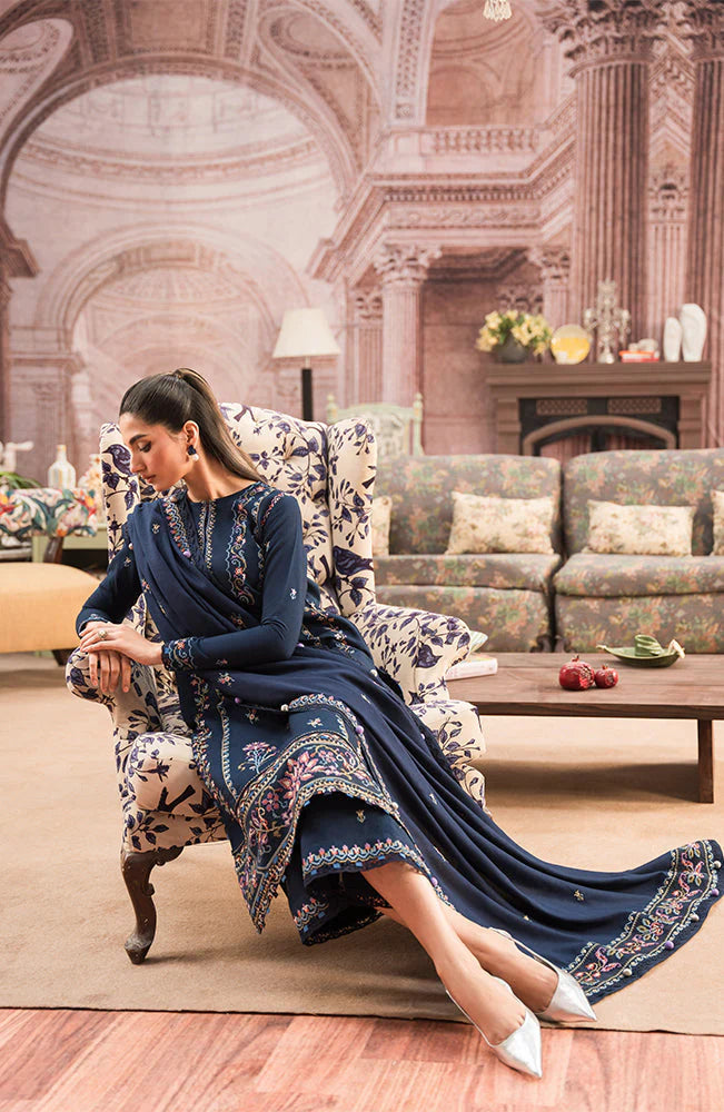 SERAN - 3PC DHANAK EMBROIDERED SHIRT WITH DHANAK EMBROIDERED SHAWL AND TROUSER -