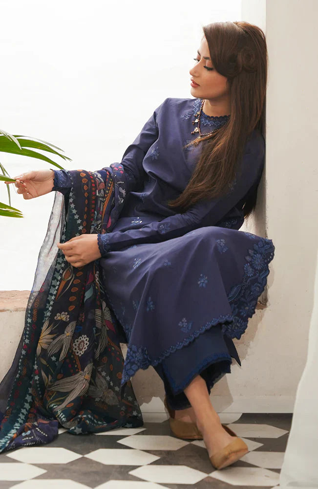 SERAN - 3PC DHANAK EMBROIDERED SHIRT WITH TWILL PRINTED SHAWL AND TROUSER -