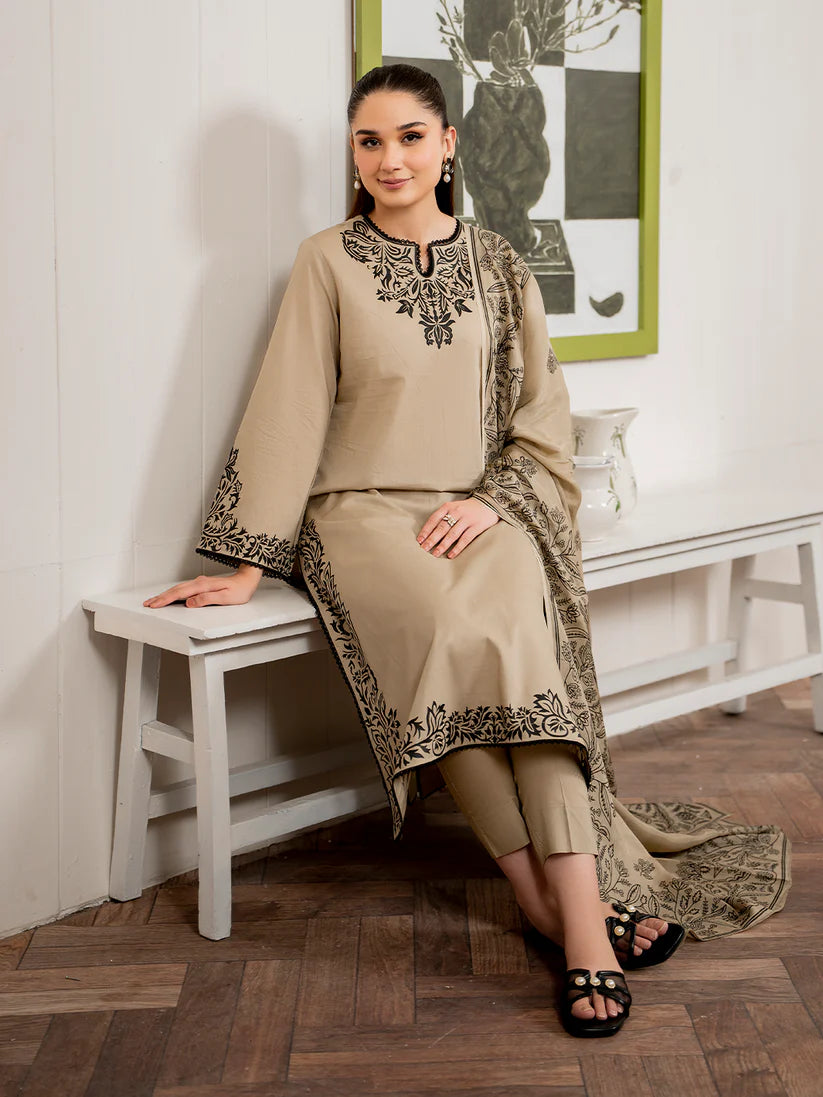 GARNET - 3PC DHANAK EMBROIDERED SHIRT WITH TWILL PRINTED SHAWL AND TROUSER -