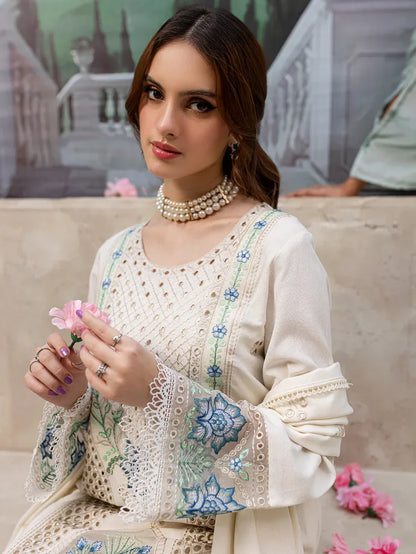 MAHNUR - 3PC DHANAK EMBROIDERED SHIRT WITH DHANAK LASER EMBROIDERED DUPATTA AND TROUSER -