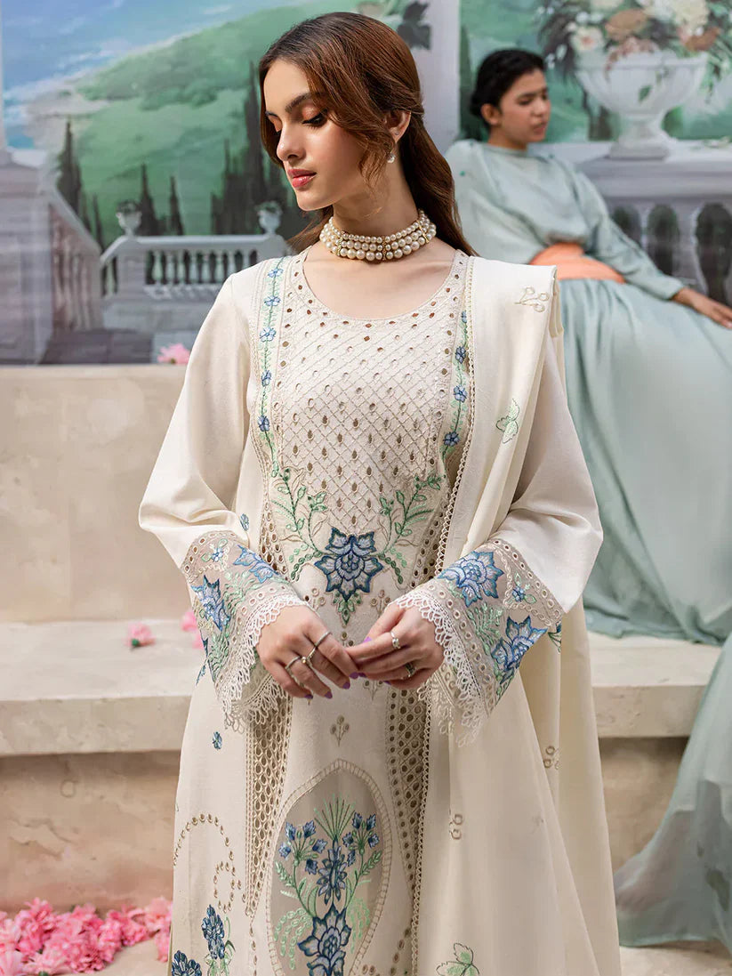 MAHNUR - 3PC DHANAK EMBROIDERED SHIRT WITH DHANAK LASER EMBROIDERED DUPATTA AND TROUSER -
