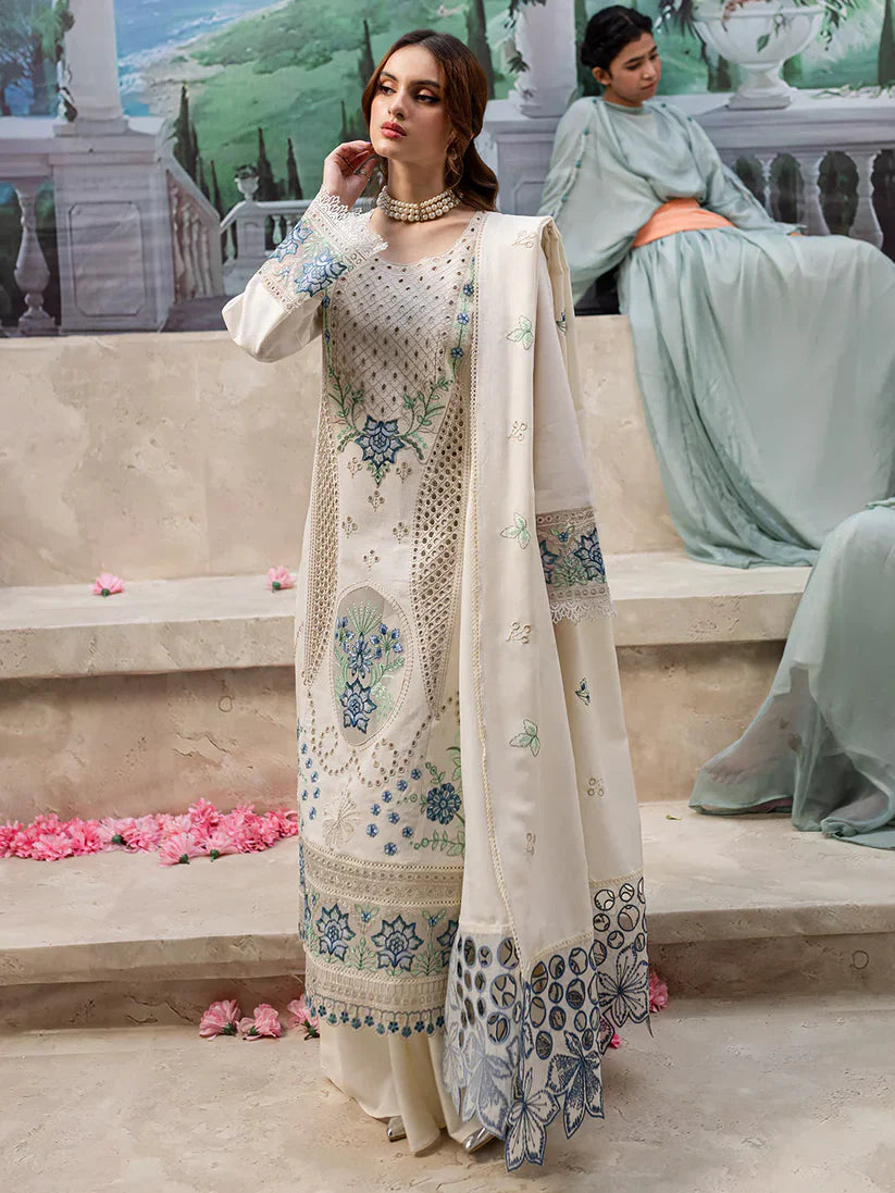 MAHNUR - 3PC DHANAK EMBROIDERED SHIRT WITH DHANAK LASER EMBROIDERED DUPATTA AND TROUSER -