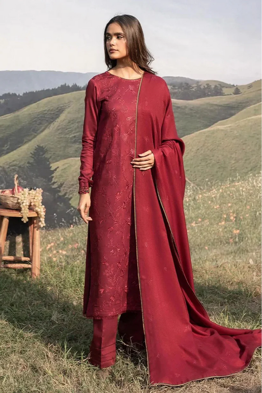 SERAN - 3PC DHANAK EMBROIDERED SHIRT WITH DHANAK EMBROIDERED SHAWL AND TROUSER -