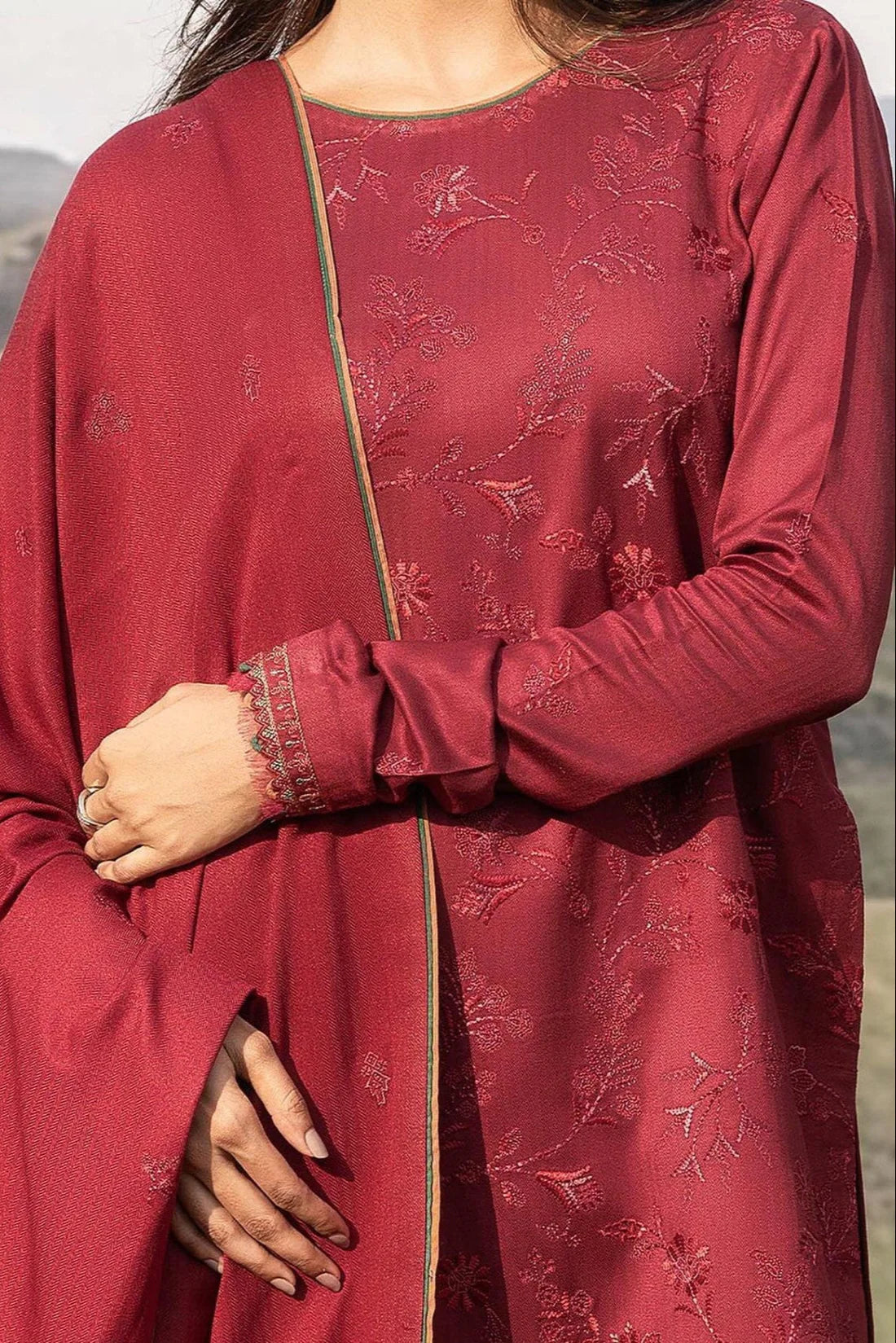 SERAN - 3PC DHANAK EMBROIDERED SHIRT WITH DHANAK EMBROIDERED SHAWL AND TROUSER -