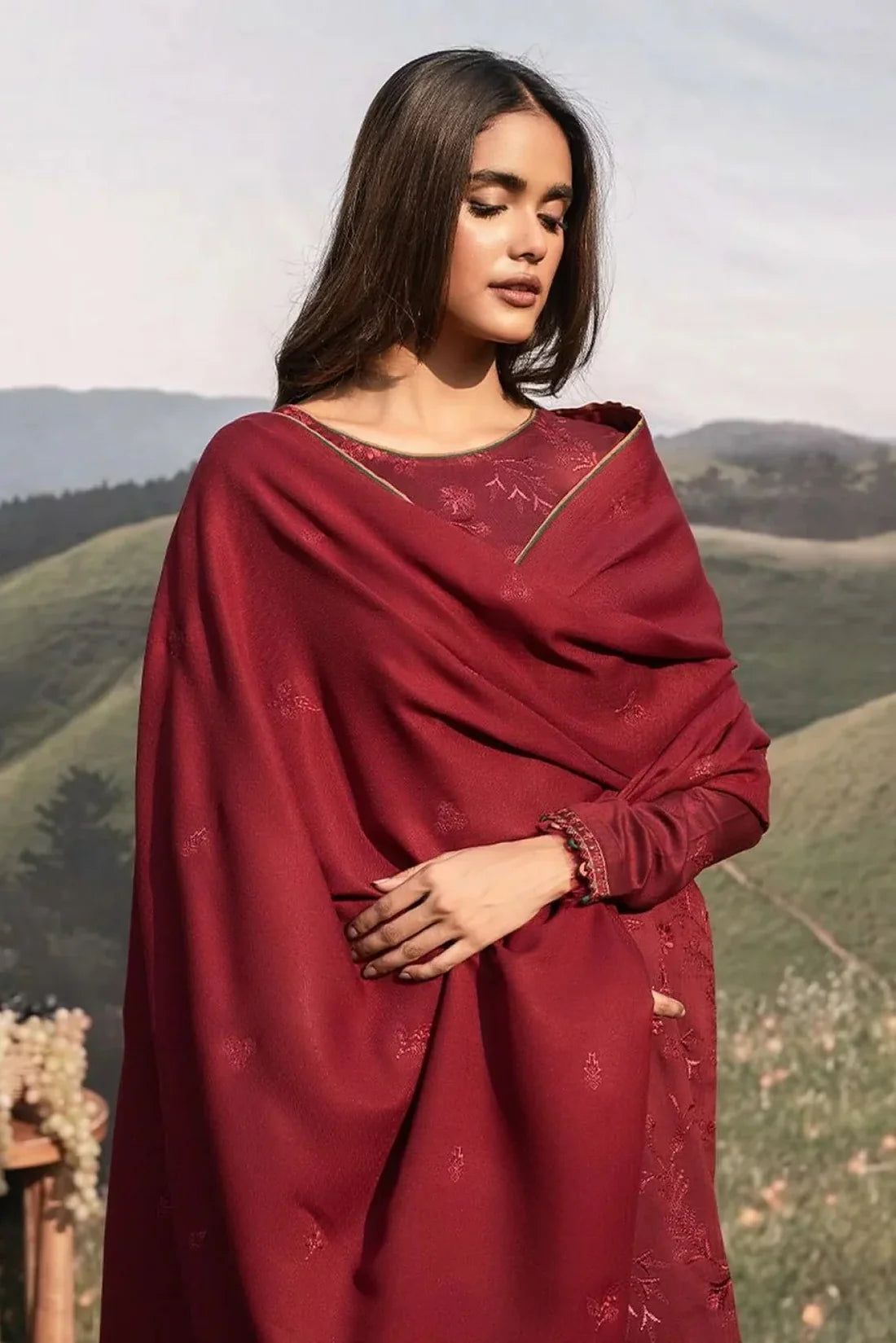 SERAN - 3PC DHANAK EMBROIDERED SHIRT WITH DHANAK EMBROIDERED SHAWL AND TROUSER -