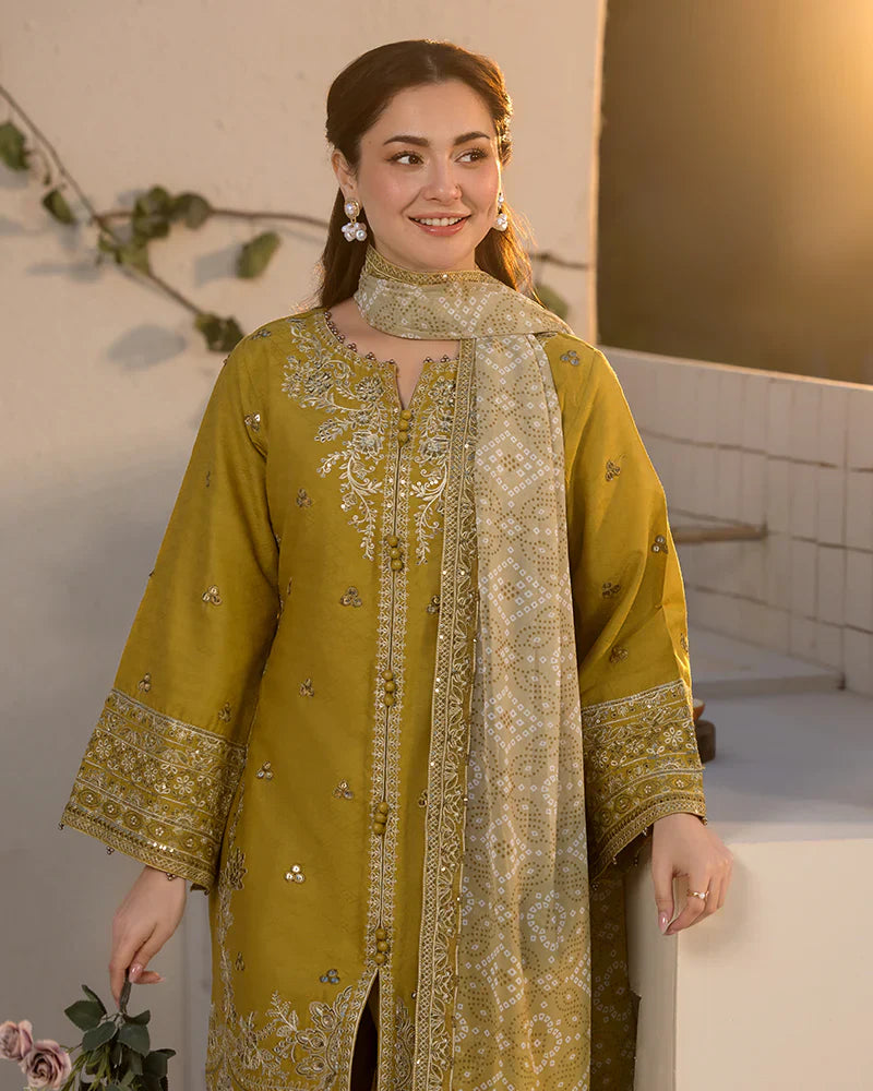 JADE - 3PC DHANAK EMBROIDERED SHIRT WITH TWILL PRINTED SHAWL AND TROUSER -