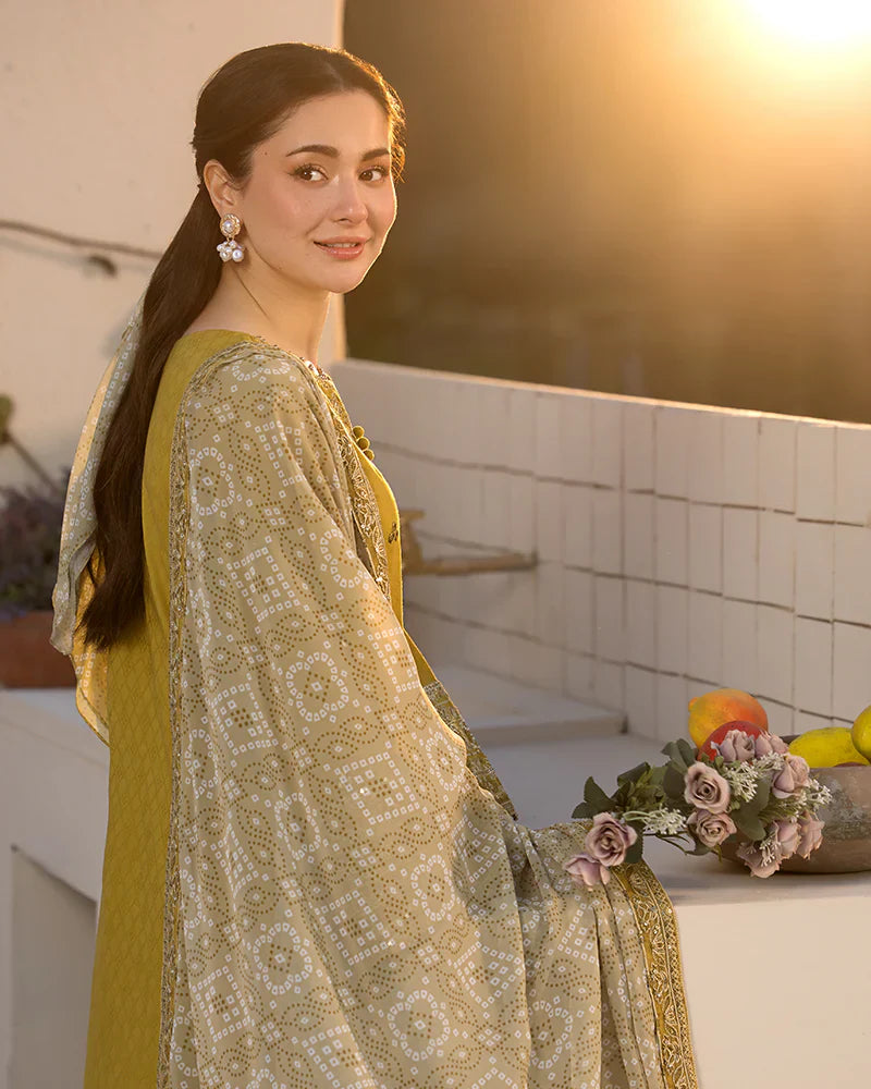 JADE - 3PC DHANAK EMBROIDERED SHIRT WITH TWILL PRINTED SHAWL AND TROUSER -