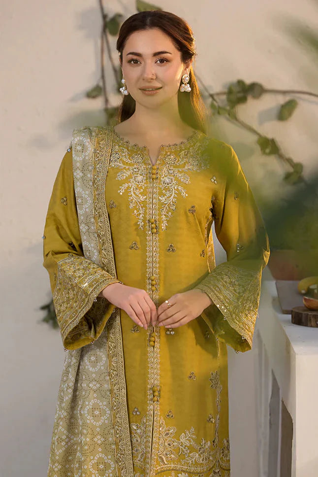 JADE - 3PC DHANAK EMBROIDERED SHIRT WITH TWILL PRINTED SHAWL AND TROUSER -