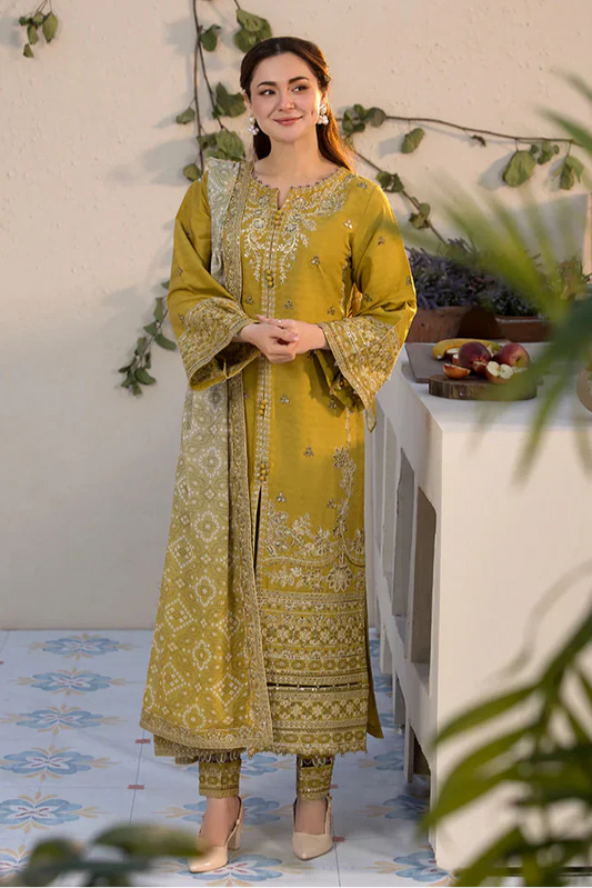 JADE - 3PC DHANAK EMBROIDERED SHIRT WITH TWILL PRINTED SHAWL AND TROUSER -