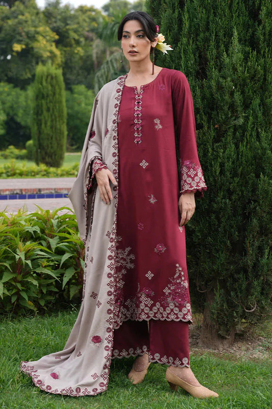 IMAGE - 3PC DHANAK EMBROIDERED SHIRT WITH DHANAK EMBROIDERED SHAWL AND TROUSER -