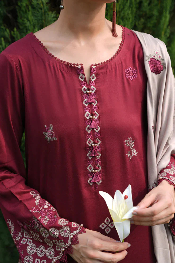 IMAGE - 3PC DHANAK EMBROIDERED SHIRT WITH DHANAK EMBROIDERED SHAWL AND TROUSER -