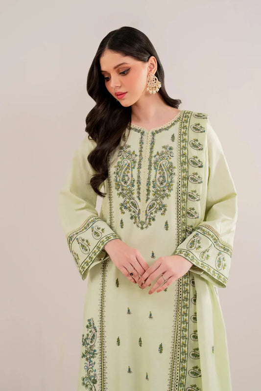 GARNET - 3PC DHANAK EMBROIDERED SHIRT WITH DHANAK EMBROIDERED SHAWL AND TROUSER -