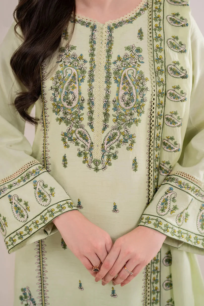 GARNET - 3PC DHANAK EMBROIDERED SHIRT WITH DHANAK EMBROIDERED SHAWL AND TROUSER -