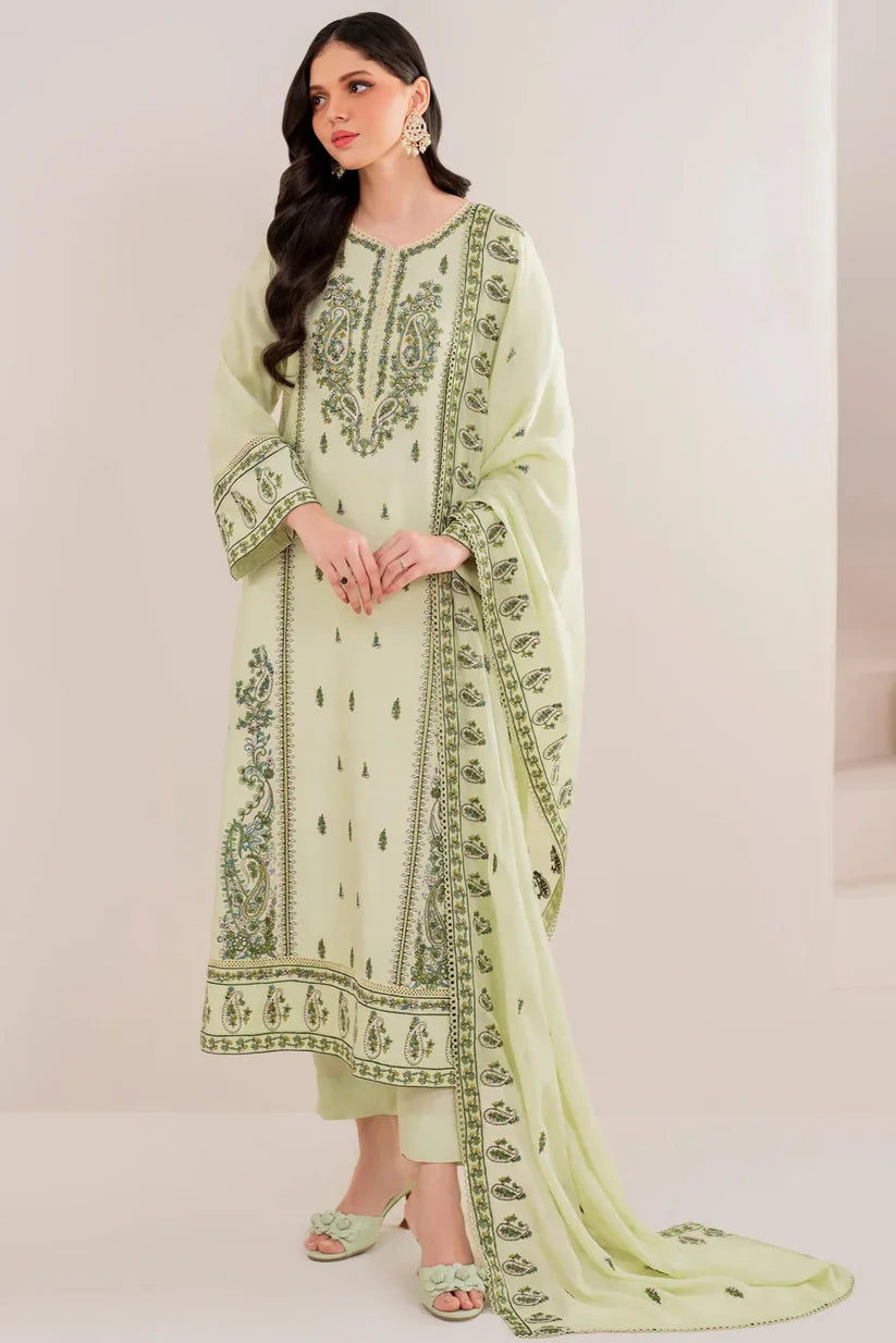 GARNET - 3PC DHANAK EMBROIDERED SHIRT WITH DHANAK EMBROIDERED SHAWL AND TROUSER -