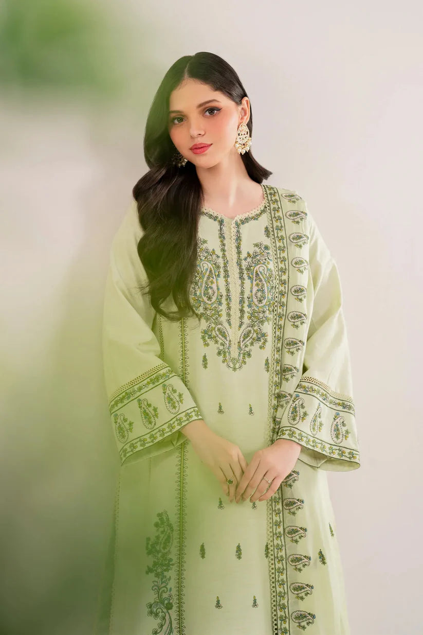 GARNET - 3PC DHANAK EMBROIDERED SHIRT WITH DHANAK EMBROIDERED SHAWL AND TROUSER -