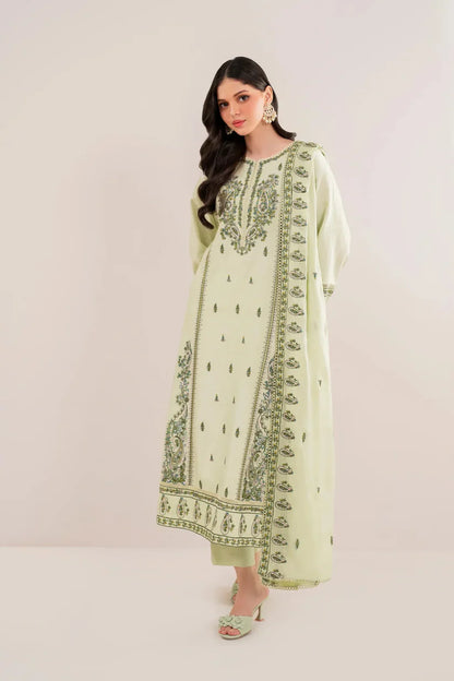 GARNET - 3PC DHANAK EMBROIDERED SHIRT WITH DHANAK EMBROIDERED SHAWL AND TROUSER -