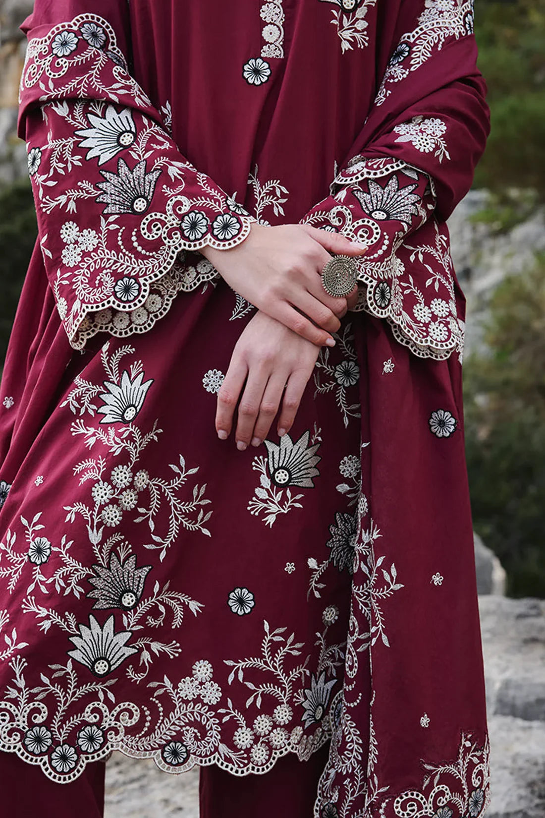 IMAGE - 3PC DHANAK EMBROIDERED SHIRT WITH DHANAK EMBROIDERED SHAWL AND TROUSER -