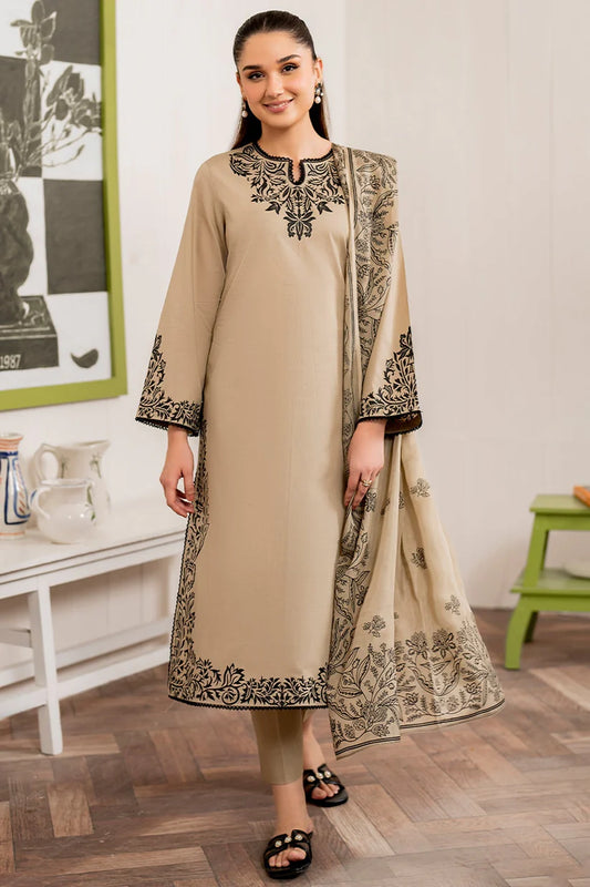 GARNET - 3PC DHANAK EMBROIDERED SHIRT WITH TWILL PRINTED SHAWL AND TROUSER -
