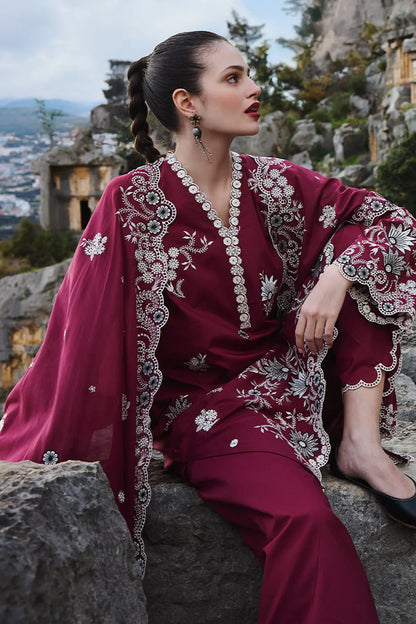 IMAGE - 3PC DHANAK EMBROIDERED SHIRT WITH DHANAK EMBROIDERED SHAWL AND TROUSER -